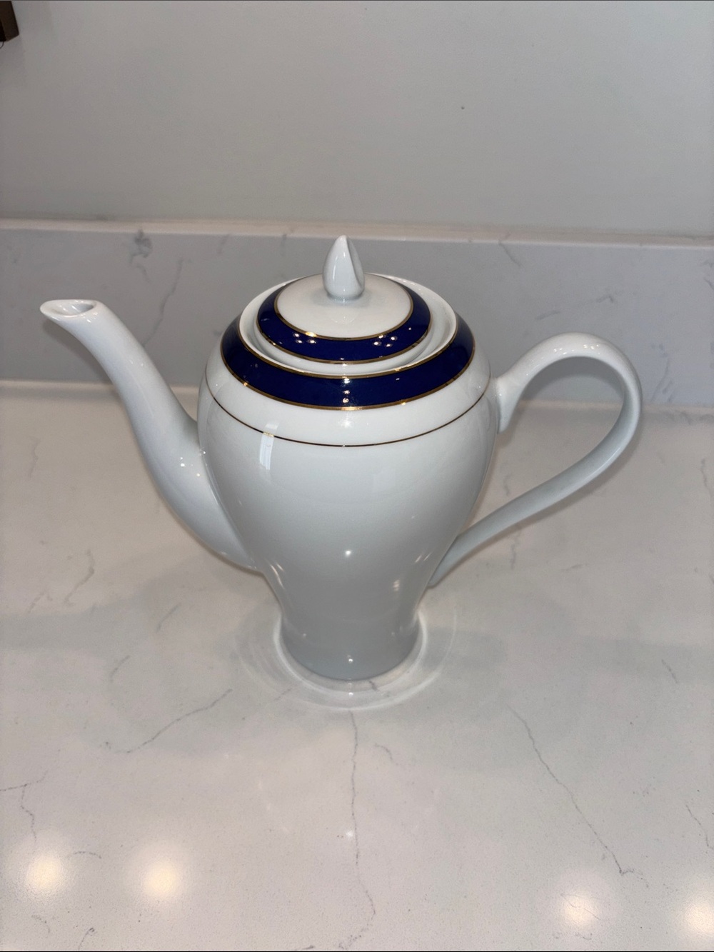 White Porcelain Coffee  Pot with Cobalt Blue and Gold Trim